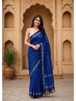 Anjaneya Sarees - Blue Designer Linen Printed Saree With Unstitched Blouse