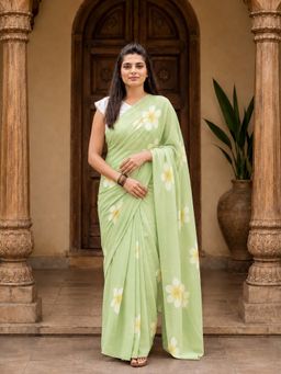 Anjaneya Sarees - Green Designer Linen Printed Saree With Unstitched Blouse