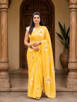 Anjaneya Sarees - Yellow Designer Linen Printed Saree With Unstitched Blouse