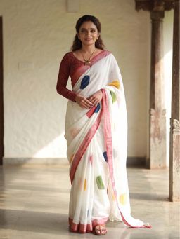 Anjaneya Sarees - White Designer Linen Printed Saree With Unstitched Blouse
