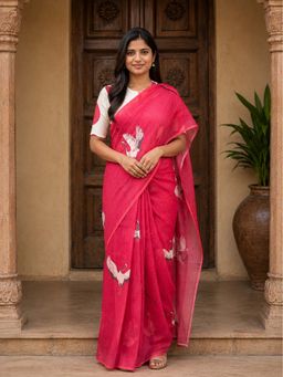 Anjaneya Sarees - Pink Designer Linen Printed Saree With Unstitched Blouse