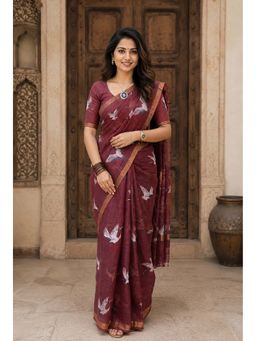 Anjaneya Sarees - Maroon Designer Linen Printed Saree With Unstitched Blouse