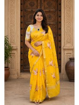 Anjaneya Sarees - Yellow Designer Linen Printed Saree With Unstitched Blouse