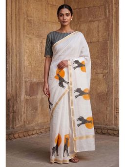 Anjaneya Sarees - White Designer Linen Printed Saree With Unstitched Blouse