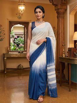 Anjaneya Sarees - White Designer Linen Printed Saree With Unstitched Blouse