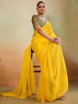 Akhilam - Chiffon Yellow Printed Saree With Unstitched Blouse