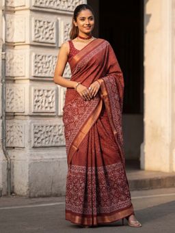 Akhilam - Cotton Brown Printed Saree With Unstitched Blouse