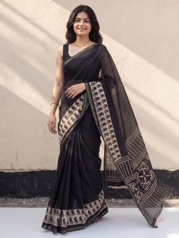 Akhilam - Cotton Black Printed Saree With Unstitched Blouse