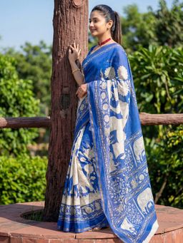 Akhilam - Cotton Blue Printed Saree With Unstitched Blouse