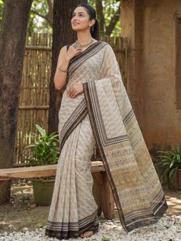 Akhilam - Cotton Cream Printed Saree With Unstitched Blouse