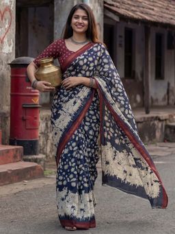 Akhilam - Cotton Navy Blue Printed Saree With Unstitched Blouse