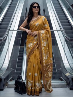 Akhilam - Cotton Mustard Printed Saree With Unstitched Blouse