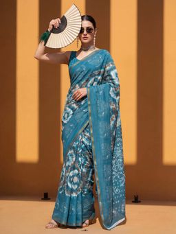 Akhilam - Cotton Teal Blue Printed Saree With Unstitched Blouse
