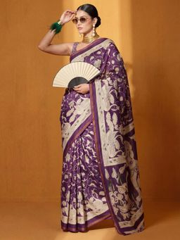 Akhilam - Cotton Wine Printed Saree With Unstitched Blouse