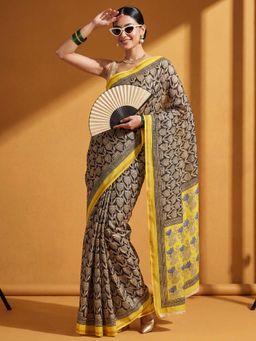 Akhilam - Cotton Beige Printed Saree With Unstitched Blouse
