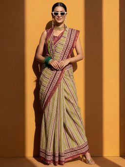 Akhilam - Cotton Light Green Printed Saree With Unstitched Blouse