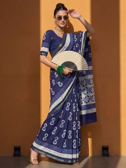 Akhilam - Cotton Navy Blue Printed Saree With Unstitched Blouse