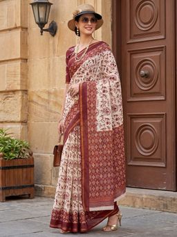 Akhilam - Cotton Off White Printed Saree With Unstitched Blouse