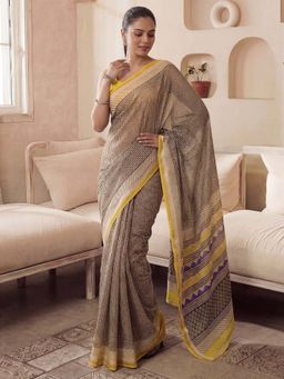 Akhilam - Cotton Black Printed Saree With Unstitched Blouse
