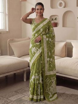 Akhilam - Cotton Light Green Printed Saree With Unstitched Blouse
