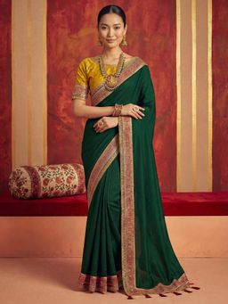 Akhilam - Vichitra Silk Green Embroidered Saree With Unstitched Blouse