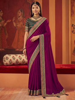 Akhilam - Vichitra Silk Wine Embroidered Saree With Unstitched Blouse