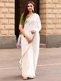 Akhilam - Cotton White Solid Saree With Unstitched Blouse