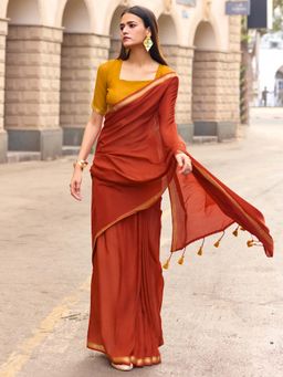 Akhilam - Cotton Rust Solid Saree With Unstitched Blouse