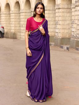 Akhilam - Cotton Purple Solid Saree With Unstitched Blouse