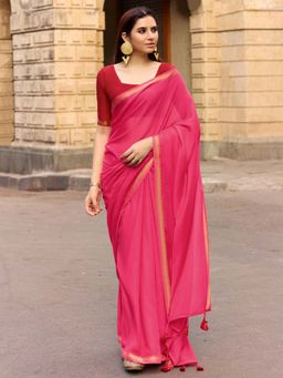 Akhilam - Cotton Pink Solid Saree With Unstitched Blouse