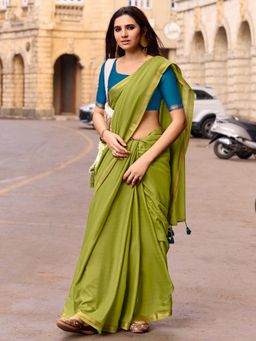 Akhilam - Cotton Olive Solid Saree With Unstitched Blouse