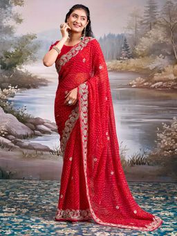 Akhilam - Georgette Red Embroidered Saree With Unstitched Blouse