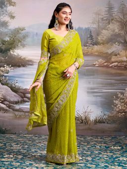 Akhilam - Georgette Light Green Embroidered Saree With Unstitched Blouse