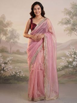 Akhilam - Net Pink Embellished Saree With Unstitched Blouse