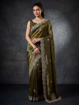 Akhilam - Tissue Green Zari Embroidered Saree With Unstitched Blouse