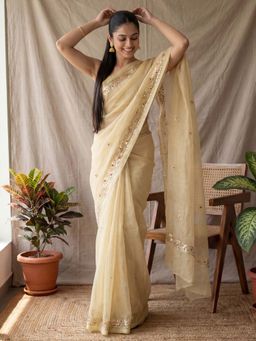 Akhilam - Kota Doria Cotton Yellow Embroidered Saree With Unstitched Blouse