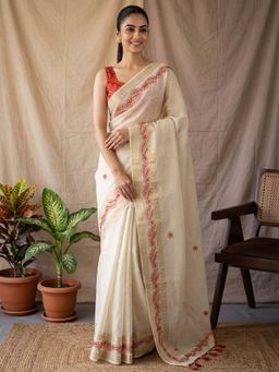 Akhilam - Tussar Silk Off White Embroidered Saree With Unstitched Blouse