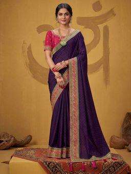 Akhilam - Satin Silk Purple Embellished Saree With Unstitched Blouse