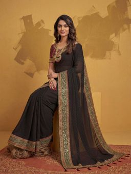 Akhilam - Satin Silk Black Embellished Saree With Unstitched Blouse