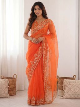 Akhilam - Organza Orange Embellished Saree With Unstitched Blouse