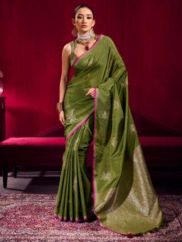 Akhilam - Linen Olive Woven Design Saree With Unstitched Blouse
