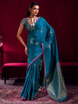 Akhilam - Linen Teal Blue Woven Design Saree With Unstitched Blouse
