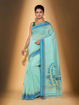 Beatitude - Sea Blue Handspun Cotton Woven Saree with Unstitched Blouse