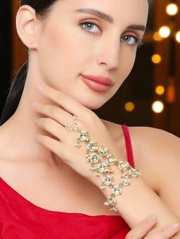 Fabula - Gold Tone Ethnic Hathphool Kundan and Pearls Bracelet with Ring