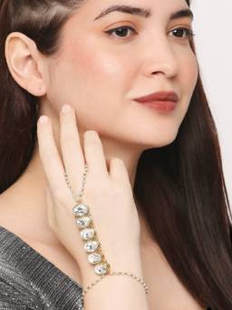 Fabula - Gold Tone Kundan and Pearls Statement Ethnic Bracelet with Ring
