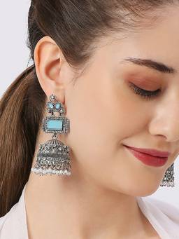 Fabula - Jhumka Earrings with Hair Kaan Chain Mehndi Gold Tone Kundan and Pearls