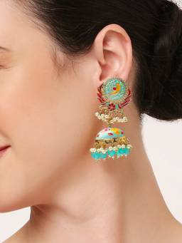 Fabula - Jhumka Earrings with Hair Kaan Chain Mehndi Gold Tone Kundan and Pearls