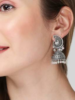 Fabula - Oxidised Silver Jhumka Earrings Mint Green and Pink Beads