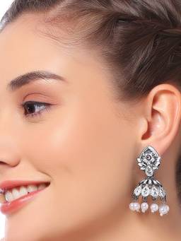 Fabula - Oxidised Silver Jhumka and Drop Earrings White Stones