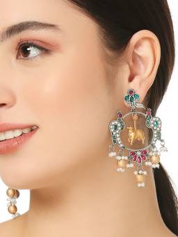 Fabula - Oxidised Silver Ethnic Drop Earrings Nandi Cow Design with Ghungroo Detailing